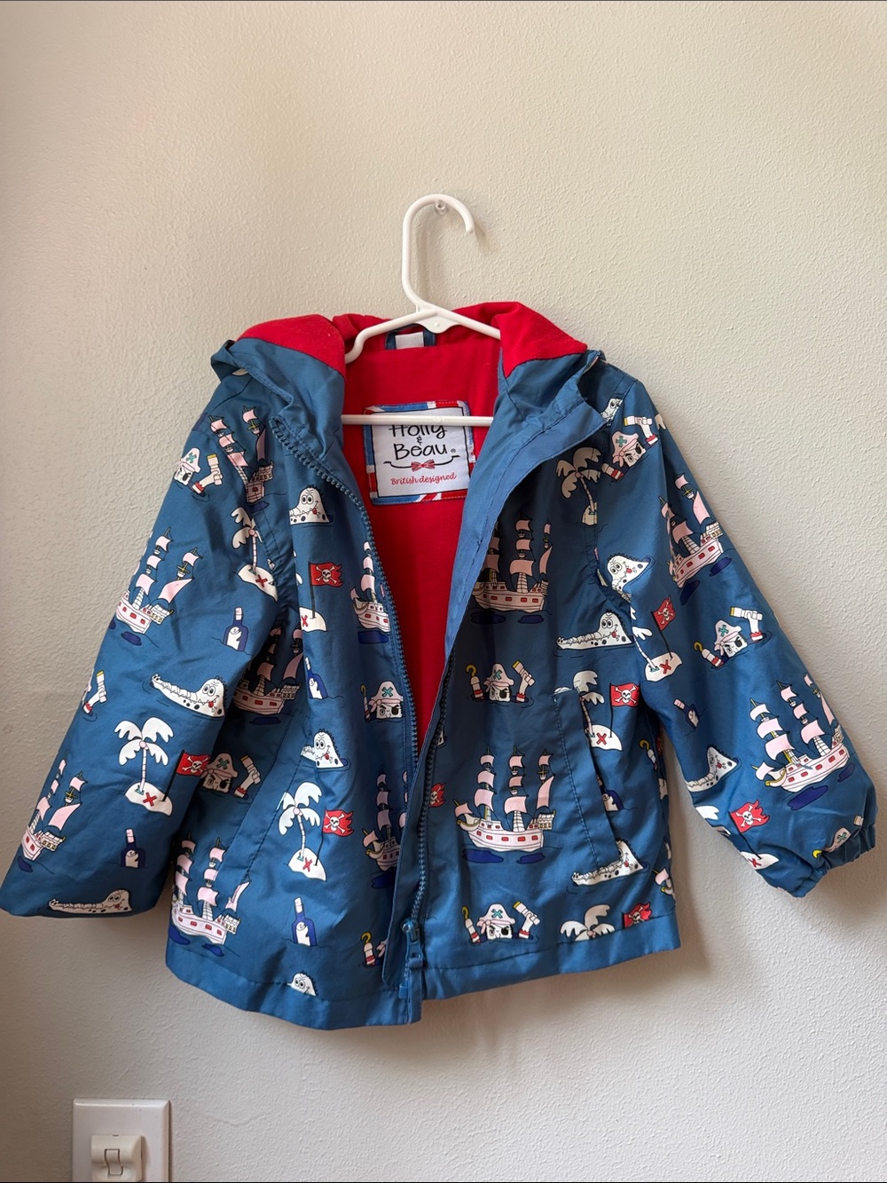 Kids Pirate Print Raincoat in Blue with Red Lining